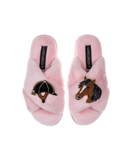 Laines London Pink Classic Laines Slippers With Riding Hat & Horse Brooches
