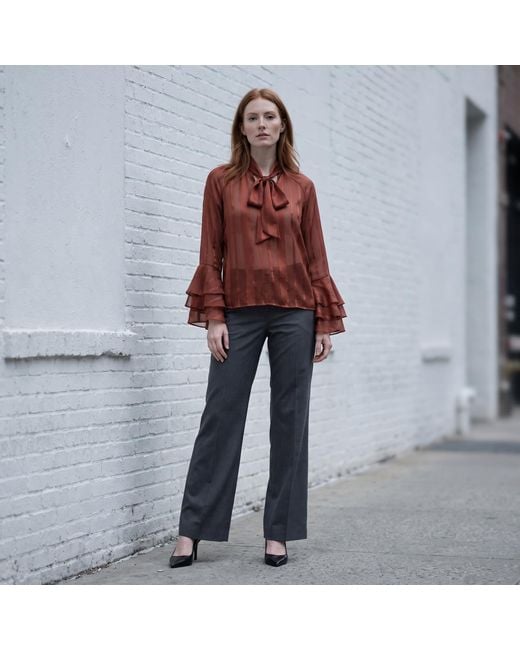 Modenaire Red Sheer Blouse With Tie Neck Detail And Bell Sleeves