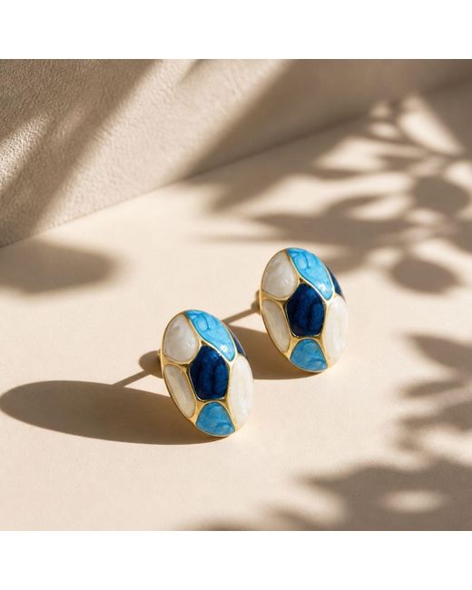 Nuvv Collection Blue Mosaic Enamel Stud Earrings – Plated Statement Piece
