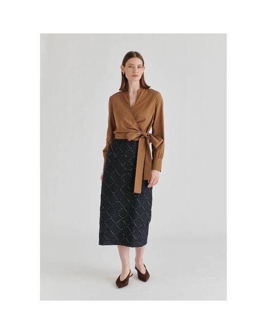 Paisie Brown Split Collarless Wrap Top With Side-Tie Waist