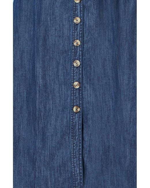 Yumi' Blue Chambray Cotton Ruched Midi Sun Dress