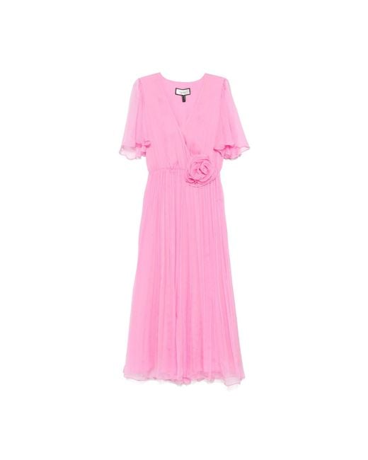 Nissa Pink Floral-Appliqué Silk Midi Dress Baby
