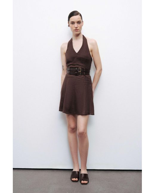 Nocturne Brown Double Belt Detailed Mini Dress