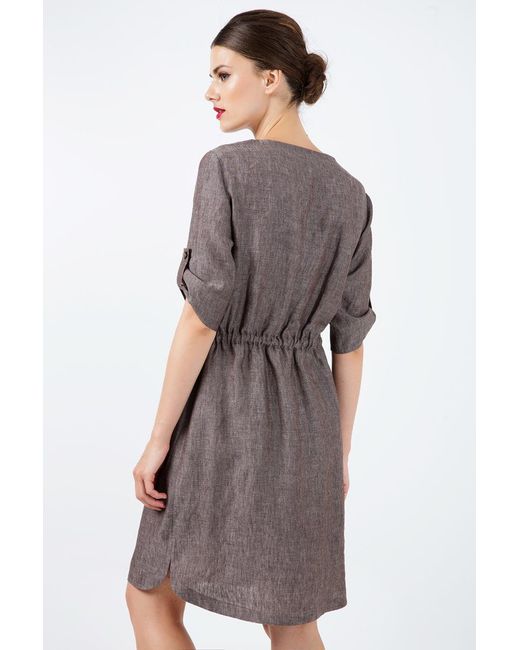 Conquista Brown Straight Linen Dress With Belt Detail