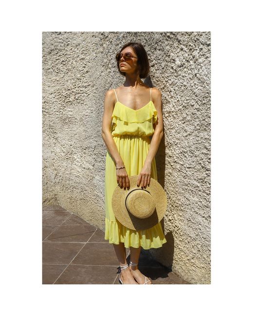 2KStyle Yellow Amalia Ruffle Spaghetti Straps Viscose Midi Dress