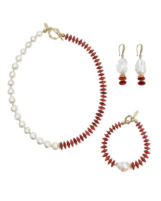 Farra Red Bamboo Coral With Freshwater Pearls Necklace Set