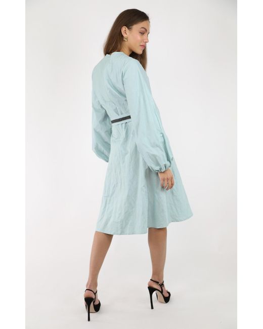 Gunda Hafner Ltd Blue Celeste Cotton Dress With Bell Sleeves And Embroidered Belt