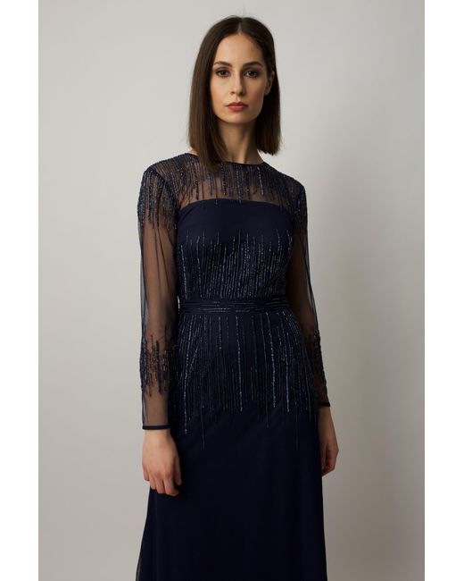 Raishma Blue Navy Laurel Featuring Sheer Long Sleeves & Delicate Vertical Lines Of Embroidery In Key Areas Gown