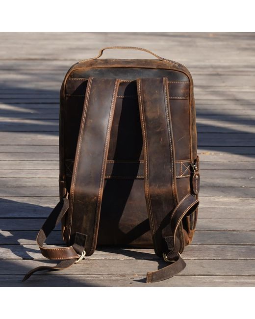 Touri Brown Minimalist Zip Open Leather Backpack for men