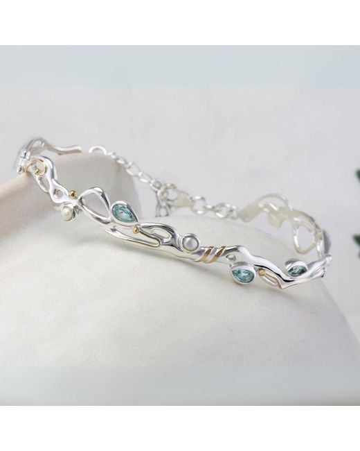 Isla Silver White Handmade Riviera Topaz & Pearl Hinged Bracelet