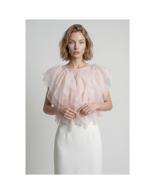 Modenaire Pink Sheer Tulle Blouse With Cascading Ruffles