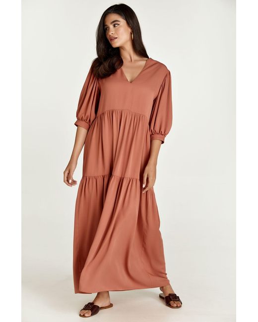 Conquista Red Terracotta V Neck Maxi Dress