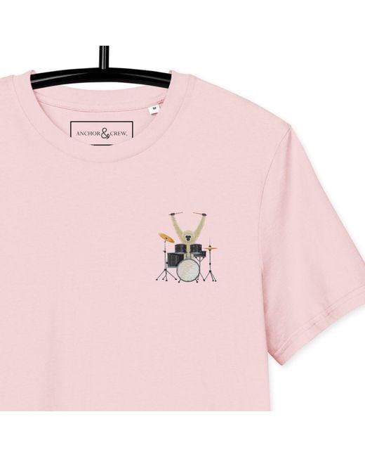 Anchor and Crew Pink Cotton Drummer Monkey Organic Cotton Embroidered T-Shirt