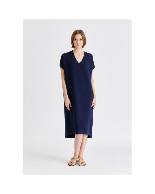 Paisie Blue V-Neck Sleeveless Ribbed Jumper Dress