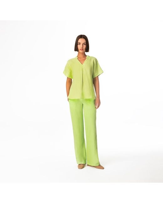Haris Cotton Green Short Sleeved Linen Shirt With Front Pleat And V Neck Crystal
