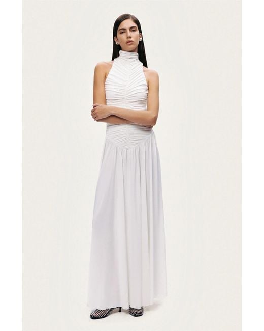 Nocturne White Ruched High-Neck Maxi Dress