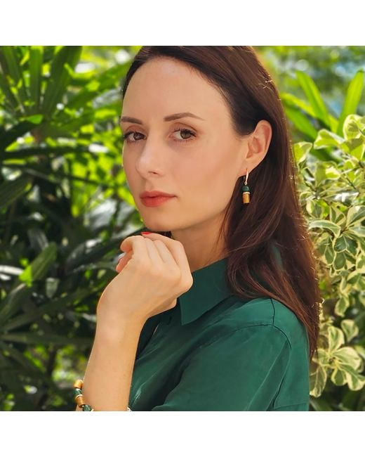 Farra Green Golden Coral With Malachite Dangle Earrings