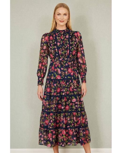 Yumi' Blue Blossom Print Maxi Dress With Long Sleeves & Lace Trims