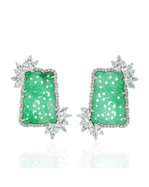 Artisan Green Carved Jade, Sapphire & Diamond Floral Earrings