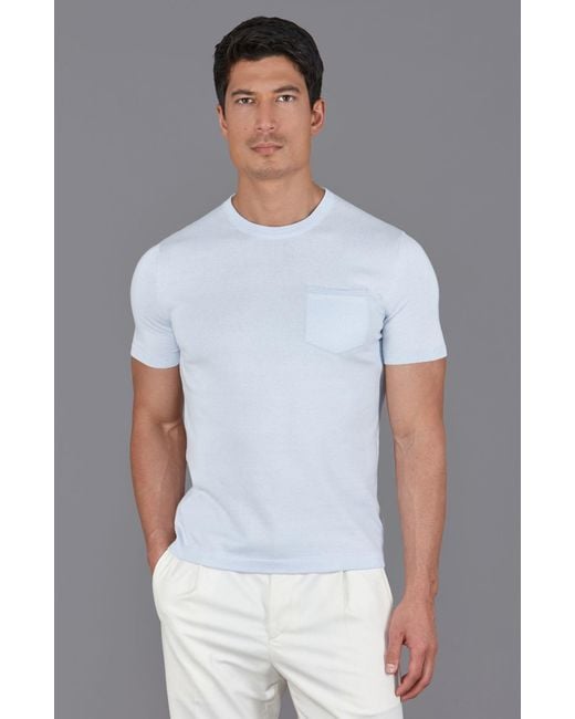 Paul James Knitwear Blue Ultra Fine Cotton Eduardo Knitted Pocket T-Shirt for men