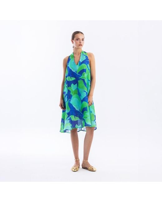 Haris Cotton Green Printed Linen Blend Dress With Cross Back Detail Lagoon