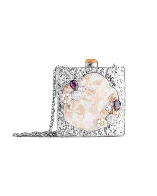 AMAANALUX White Mother Of Pearl Gem Clustered Metal Clutch Bag