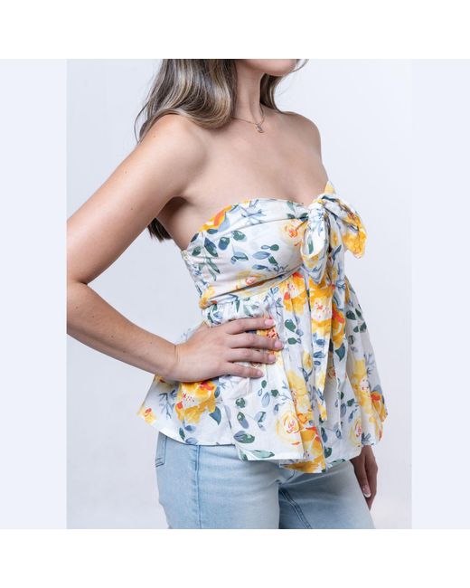 House of Gl Yellow Florea Cotton Front-Tie Smocked Back Tube Top