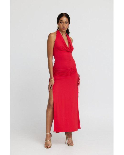 Why Mary Red Venus Cowl Neck Halter Bamboo Jersey Maxi Dress