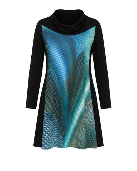 Conquista Blue A Line Print Dress With Turtle Neck