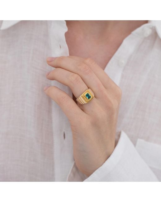 LINYA JEWELLERY Metallic Octagon Stone Enamel Signet Ring