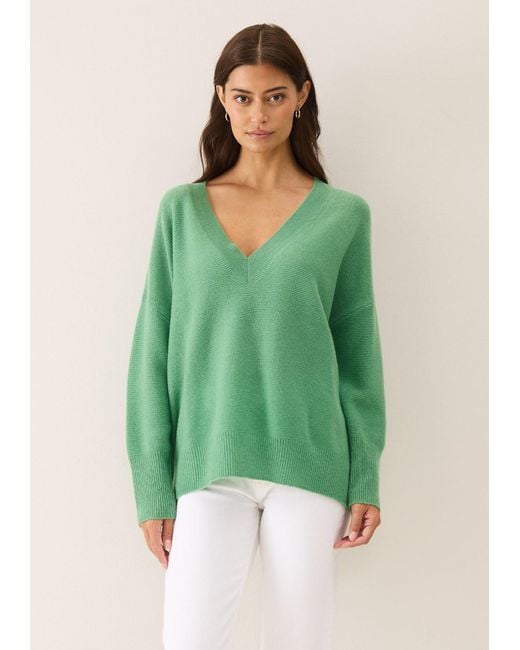 Loop Cashmere Green Relaxed Lofty V Neck Sweater
