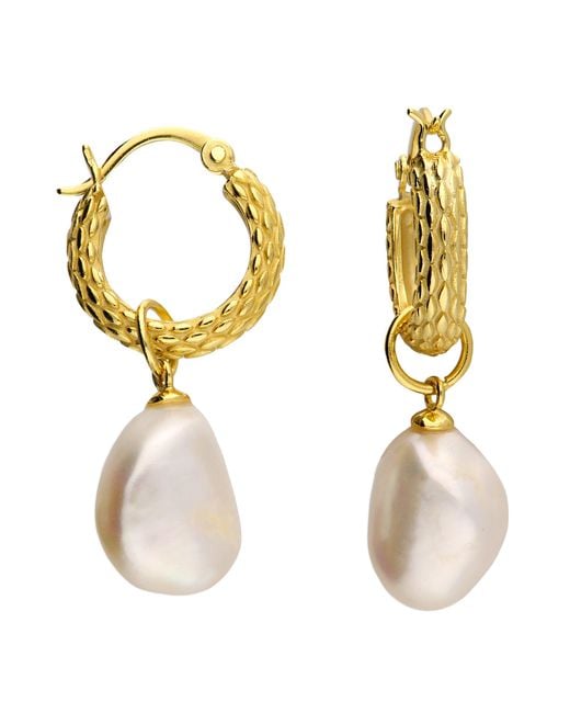 Harfi Metallic Elegant Plated Basket Weave Hoop Earrings With Freshwater Pearl Charm