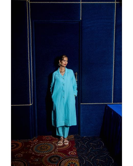NoLoGo-chic Blue Embroidered Gertrude Coat Dress Linen