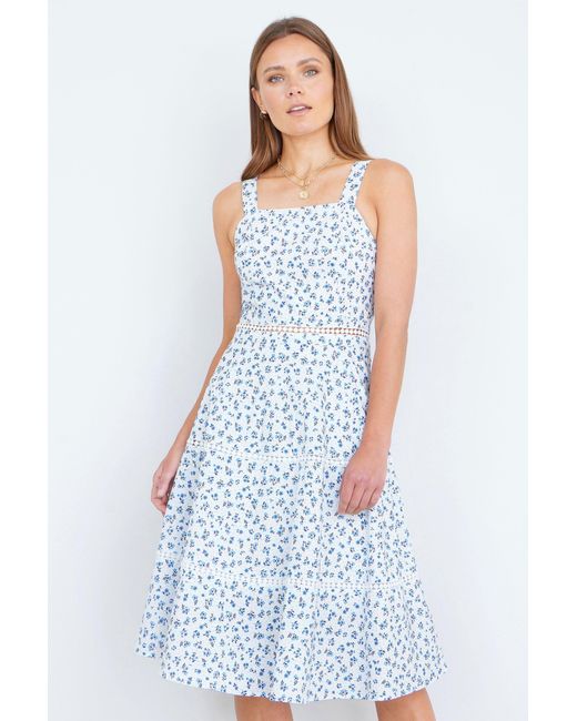 Yumi' Blue Ditsy Floral Cotton Midi Sun Dress With Lace Trims