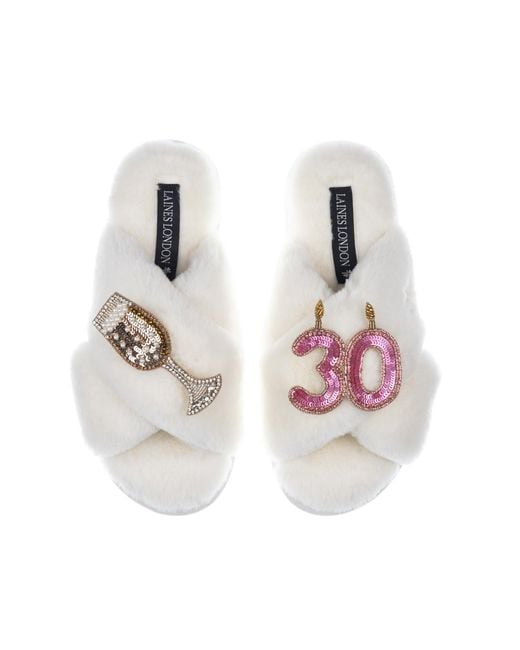 Laines London White Classic Laines Slippers With 30Th Birthday & Champagne Glass Brooches