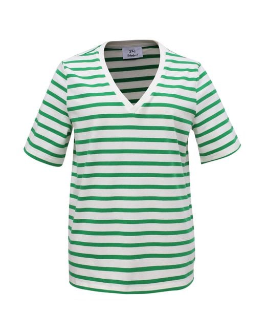 Smart and Joy Green V Neck Stripes Cotton T-Shirt