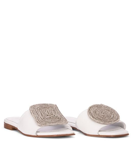 Beautiisoles by Robyn Shreiber Made in Italy White Adeline Flat Leather Slide Comfortable & Dressy Wedding & Day & Evening