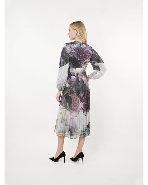 John Abgin Blue Placement Floral Pleated Midi Dress