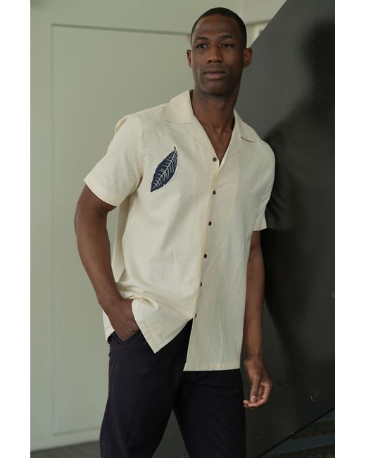 Stovaria Natural Camp Collar Half Sleeve Organic Cotton Shirt With Leaf Appliqué for men