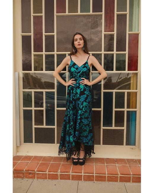 Jennafer Grace Blue Absinthia Fringe Faux Wrap Dress