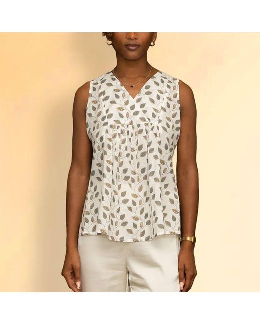 House of Gl Natural Neutrals Nira Cotton Sleeveless V-Neck Blouse With Leaf Print