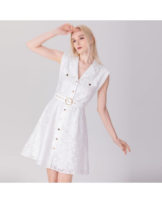 Smart and Joy White Floral Organza Safari Style Dress