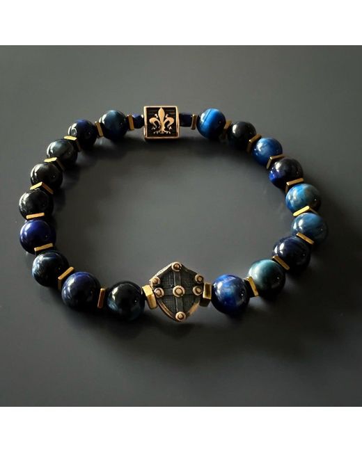 Ebru Jewelry Blue Tiger Eye Stone Shield Charm Beaded Bracelet for men