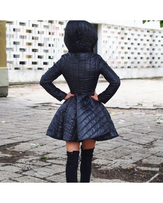 Adrenaline Fashion Blue Short Puffer Coat Quilted Winter Jacket With Hood And Belt Flared Elegant Outerwear