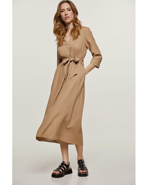 Conquista Natural Neutrals Linen Style Midi Dress With Belt