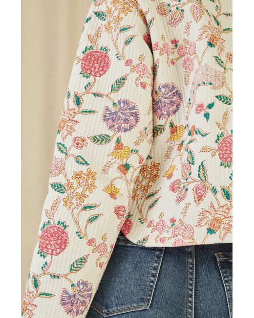 Yumi' White Floral Print Reversible Cotton Cropped Quilted Jacket
