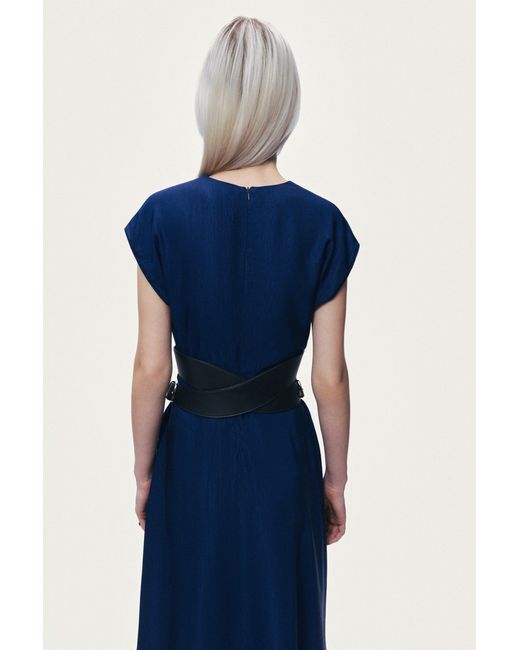 Nocturne Blue V-Neck Belted Midi Dress