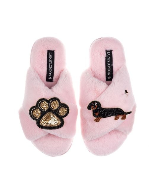 Laines London Pink Classic Laines Slippers With Paw & & Tan Dachshund Brooches