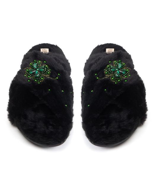 Rettrose Black Emma Luxury Plush Diamanté Embellished Handmade Slipper