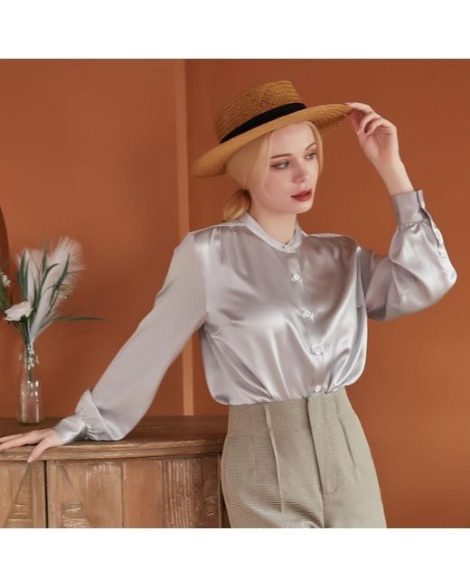 Soft Strokes Silk Gray Pure Silk Long Sleeve Banded Collar Blouse